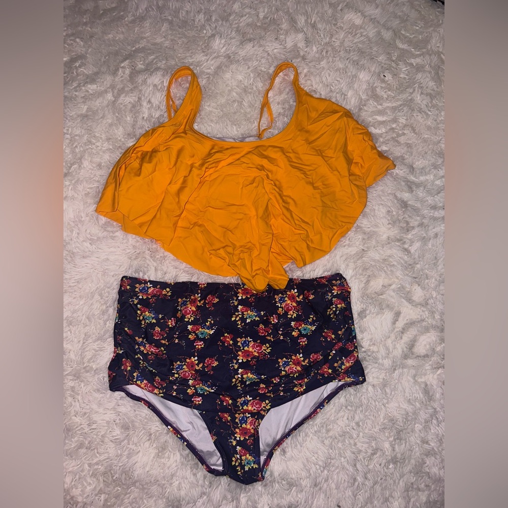Floral High-Waisted Bikini Set - Yellow and Black